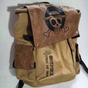 One Piece Luffy Straw Hat Crew Canvas Backpack | Anime Cosplay Bag | Tan & Brown